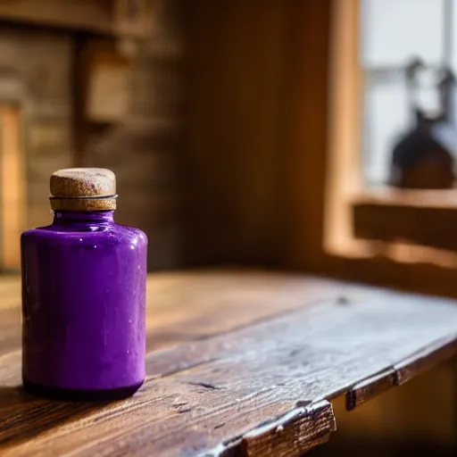 Image similar to an old - fashioned bottle of purple ink on a wooden table in a dim cabin, fireplace in the background, depth of field, 8 k award - winning photography