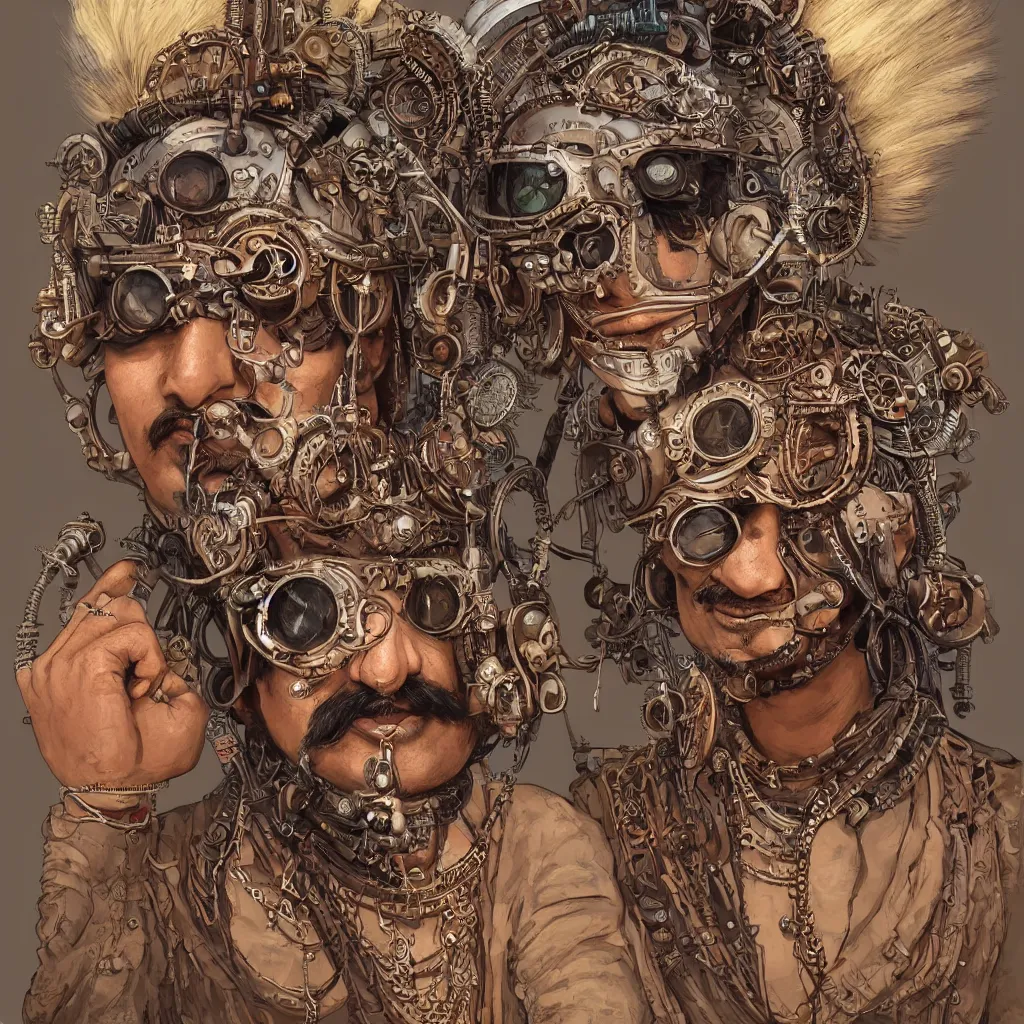 Prompt: face portrait of an indian man with long kawai moustache rajasthani headgear wearing madmax style steampunk goggles and steampunk jewelry, art by peter mohrbacher and craig mullins, sticker, colorful, illustration, highly detailed, simple, smooth and clean vector curves, no jagged lines, vector art, smooth