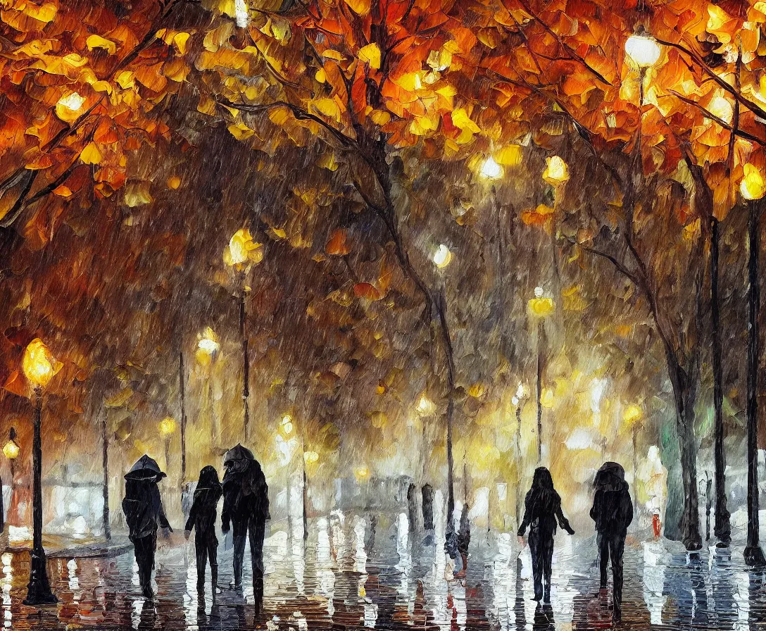 Image similar to a couple walking in the park, oil painting, night time, new york city, trees, fall season, rain, wet walkway, park bench, street lights, soft tones