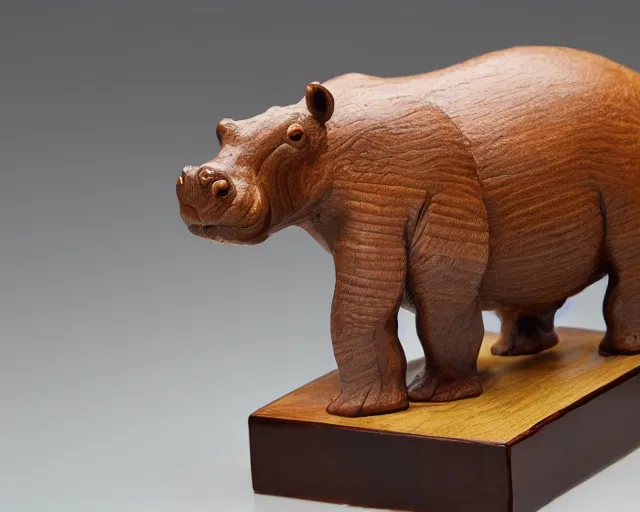 Image similar to a sculpture of hippo baby, half wood carved half resin epoxy, cubic blocks, side view centered