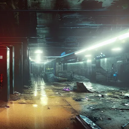 Image similar to abandoned underground subway homeless filthy horror slum low light sadness lonely. Cyberpunk 2077. CP2077. 3840 x 2160