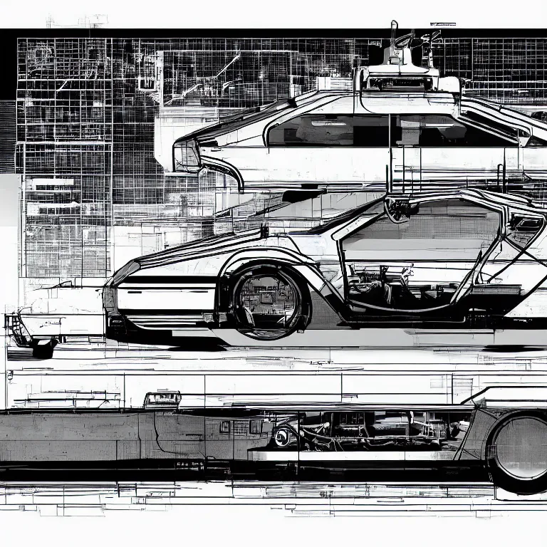 Image similar to blueprint of a single sleek concept delorean, by red dead redemption 2, by greg rutowski