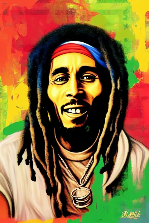 Image similar to bob marley laugh with tupac!!! pop art, pixel, bioshock, gta chinatown, artgerm, richard hamilton, mimmo rottela, julian opie, aya takano, avoid duplicate!!!, avoid redudance!!!