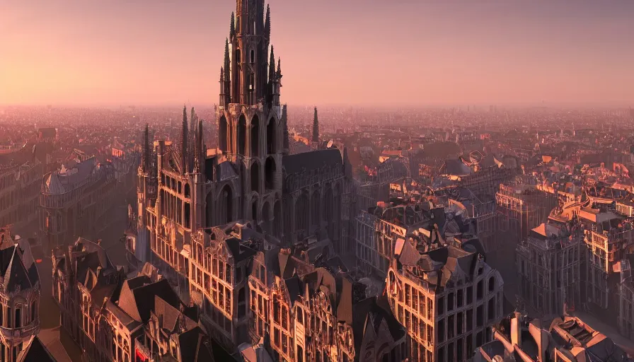 Prompt: Digital painting of Neo-Gothic Brussels at sunrise, wide angle, volumetric light, hyperdetailed, artstation, cgsociety, 8k