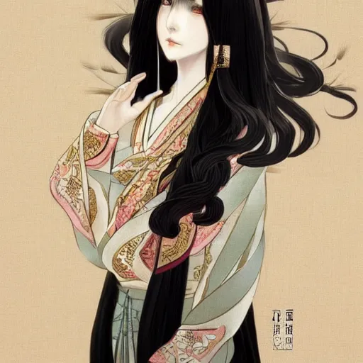 Image similar to ancient chinese princess, elegant, long black hair, highly detailed, anime, artstation, concept art, art by wlop and miyazaki