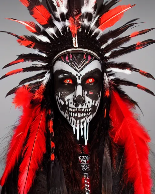 Image similar to the aztec ghost - spirit of the grim - warpaint wears the scarlet skull armor and native blood headdress feathers, midnight fog - mist!, cinematic lighting, various refining methods, micro macro autofocus, ultra definition, award winning photo