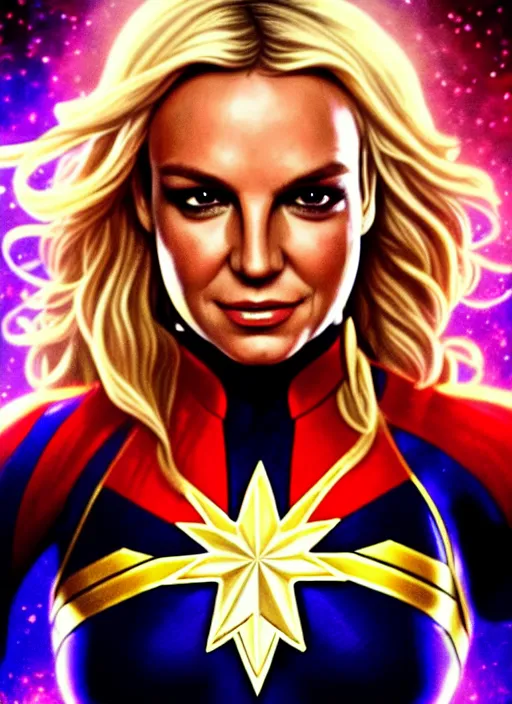 Prompt: britney spears as captain marvel, intricate, elegant, glowing lights, highly detailed, digital painting, artstation, glamor pose, concept art, smooth, sharp focus, illustration, art by artgerm and greg rutkowski, artey freytag