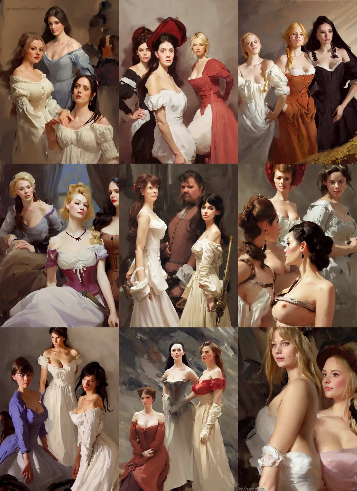 Prompt: portrait of three beautiful finnish norwegian swedish scandinavian attractive glamour models wearing 1 7 th century french off - the - shoulder neckline bodice with low neckline, jodhpurs greg manchess painting by sargent and leyendecker, studio ghibli fantasy close - up shot asymmetrical intricate elegant matte painting illustration hearthstone, by greg rutkowski by greg tocchini by james gilleard