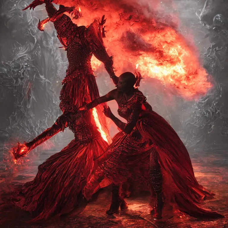 Image similar to black man and a female devil in red dress are dancing together in fire, Dark Souls 3 themed, in style of Ruan Jia, insanely detailed and intricate, golden ratio, elegant, ornate, luxury, elite, matte painting, cinematic, cgsociety, James jean, Brian froud, ross tran, Laputa