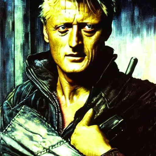 Image similar to rutger hauer as roy batty from blade runner 1982 tears in rain speech, painted by norman rockwell and tom lovell and frank schoonover