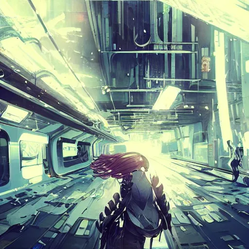 Image similar to white and indigo colors. highly detailed post-cyberpunk sci-fi subway in style of cytus and deemo, mysterious vibes, by Akihiko Yoshida, by Greg Tocchini, nier:automata, set in half-life 2, beautiful with eerie vibes, very inspirational, very stylish, surrealistic, perfect digital art, mystical journey in strange world, bastion game