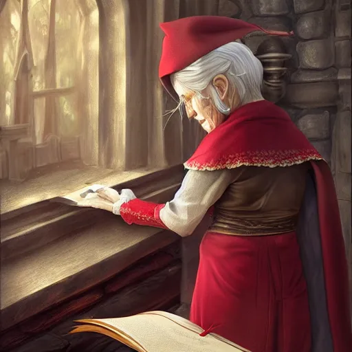 Image similar to A beautiful old female elf holding a scroll, preparing a spell, digital painting, detailed, realism, art station, intricate