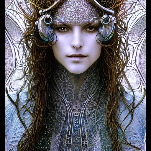 Prompt: a closeup portrait of a beautiful art nouveau cyberpunk scientist in filigree fractal robes by ted nasmith and luis royo