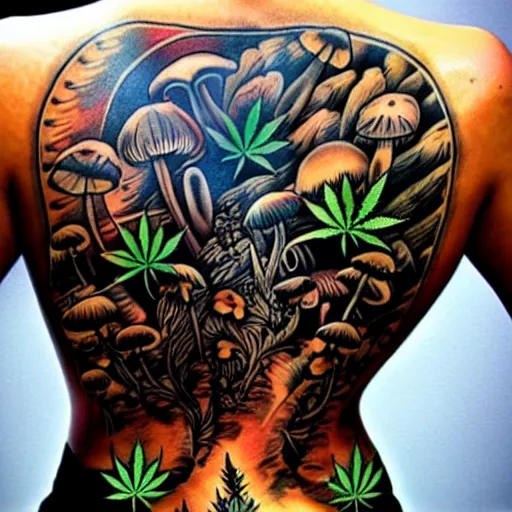 Image similar to back tattoo, tattoo photography, Marijuana, marijuana leaves, mushrooms, magic mushrooms, marijuana buds