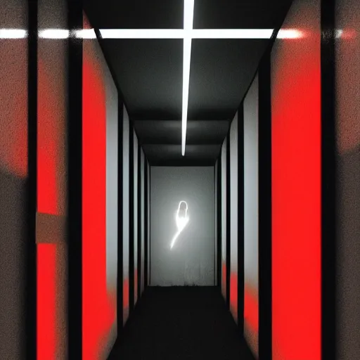 Image similar to photograph of an extremely dark narrow hallway with glowing humanoid cryptid made out of television static, dark deep black shadows, red and black color contrast in the style of trevor henderson, liminal space, 3 d octane render, glitch effect