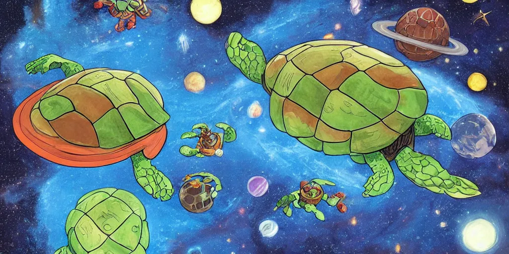 Image similar to 🐢🗺 great a'tuin flying through space carrying discworld by kirby