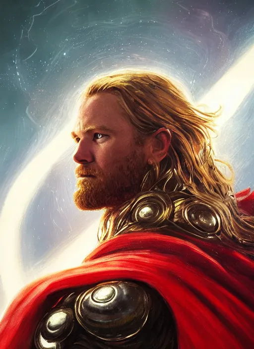 Prompt: detailed portrait of Thor wearing a cloak over his head, eyes on fire with celestial flames, a halo of shimmering color around him, future earth in the background, by Jason Jenicke and Jeremy Mann, intricate, beautiful, stylized, detailed, realistic, loose brush strokes, dramatic, enduring, captivating, Artstation