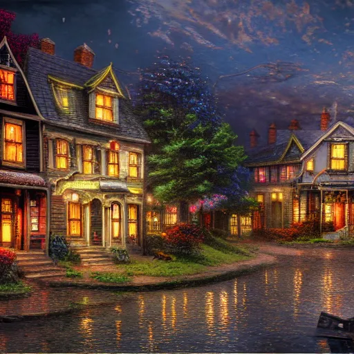 Prompt: photorealistic victorian village in the style of thomas kinkade. hyperdetailed photorealism, 1 0 8 megapixels, amazing depth, glowing rich colors, powerful imagery, psychedelic overtones, 3 d finalrender, 3 d shading, cinematic lighting, artstation concept art