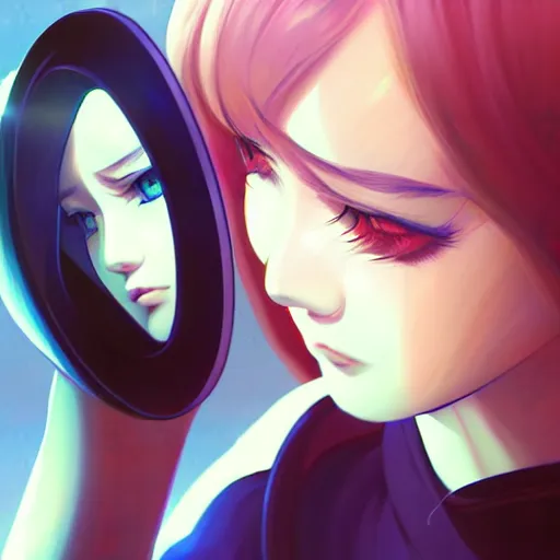 Image similar to digital anime, cyborg - girl looking into a mirror, reflections, wlop, ilya kuvshinov, artgerm