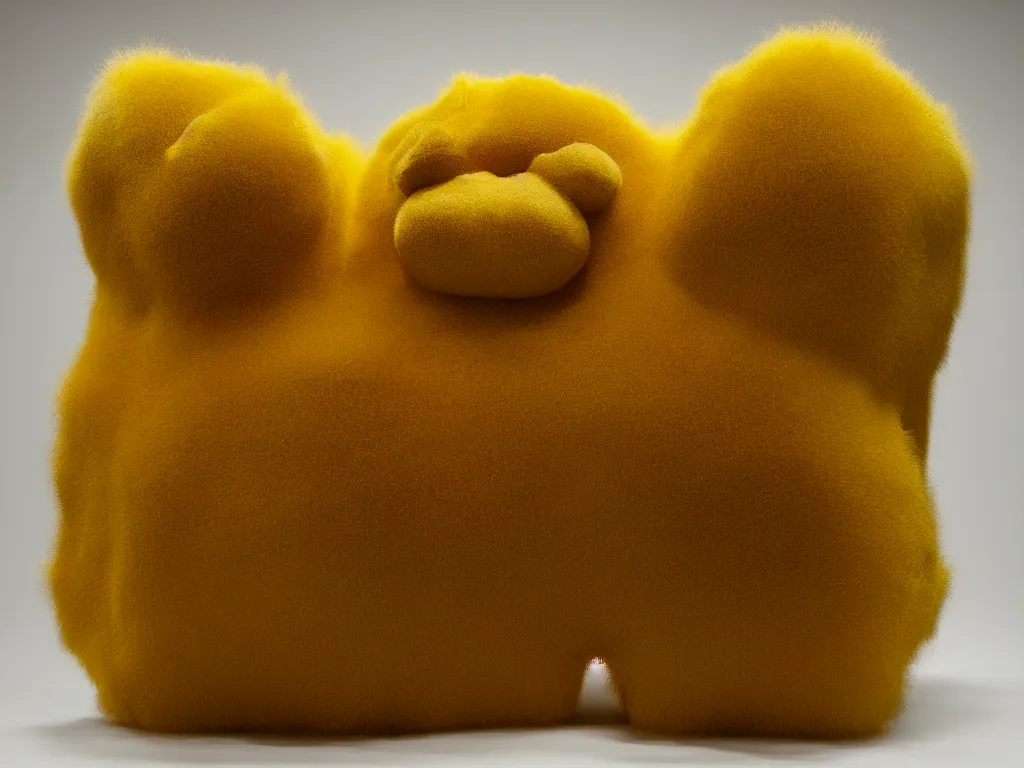 Image similar to a fur covered jelly bean shape, dirty grungy stuffed animal, style of paul mccarthy and mike kelley, yellow - tan color