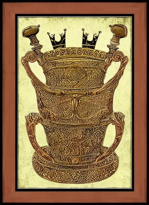 Prompt: sloth as the king of cups, copper cup, coper crown, poster framed, intricate details, medieval art style, high contrast, posterized