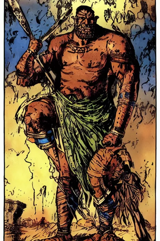 Image similar to ancient historically accurate depiction of the Bible Character Goliath of Gath, the Philistine warrior giant by frank miller