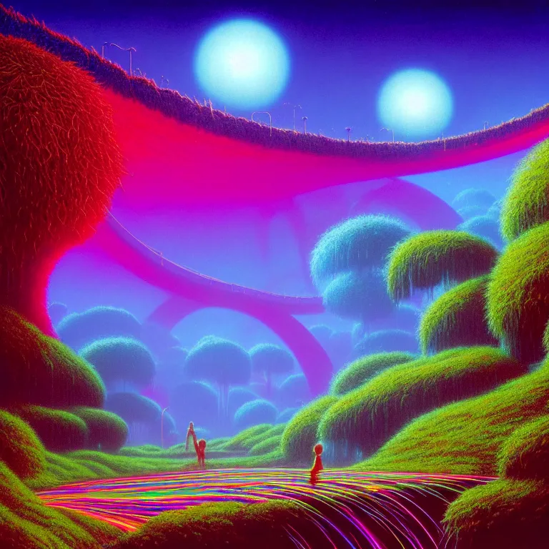 Prompt: mythical glowing orbs on bridges through lush valley, ( ( ( synthwave ) ) ), ( ( fractal waves ) ), bright neon colors, highly detailed, cinematic, tim white, michael whelan, caza, bob eggleton, philippe druillet, vladimir kush, kubrick, alfred kelsner