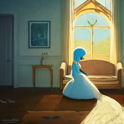 Image similar to Marge Simpson in a wedding dress, house interior, golden hour, by Greg Rutkowski