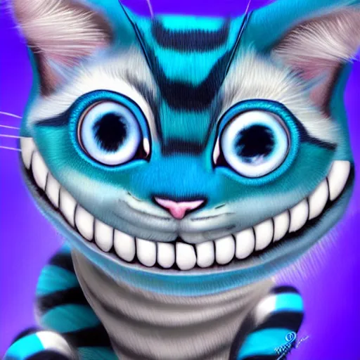 Image similar to cute blue striped cheshire cat. an adorable cat with light blue stripes, blue eyes and a big mischievous smile. stunning digital art by mona sundberg. fluffy, soft