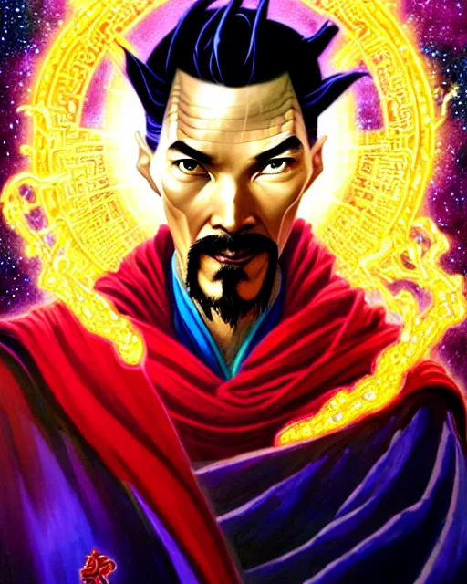 Image similar to a thangka portrait of dr. strange with glow, surrounded with spiriling sparkling flash crystals and galaxies, by jesper ejsing, aleksi briclot, hyper light drifter, by ilya kuvshinov katsuhiro, jim burns, ed emshwiller, greg rutkowski, trending on artstation