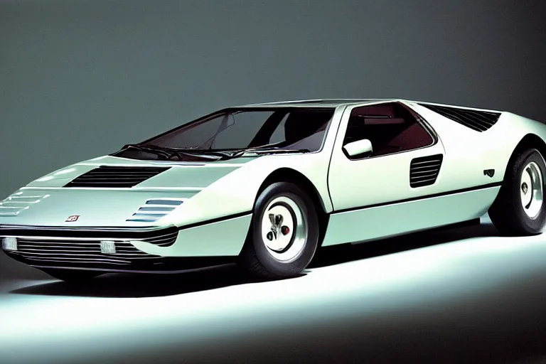 Image similar to designed by giorgetto giugiaro stylized poser of a single 1 9 7 3 miura citroen dm bmw m 1 ( ( mclaren f 1 ) ) delorean thick neon lights ektachrome photograph volumetric lighting f 8 aperture cinematic eastman 5 3 8 4 film