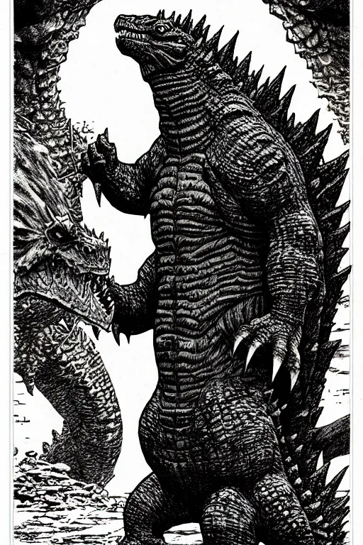 Prompt: godzilla as a d & d monster, full body, pen - and - ink illustration, etching, by russ nicholson, david a trampier, larry elmore, 1 9 8 1, hq scan, intricate details, inside stylized border