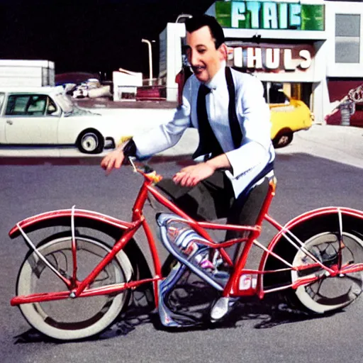 Image similar to Pee-Wee Herman on his bike outside an Adult Movie theater