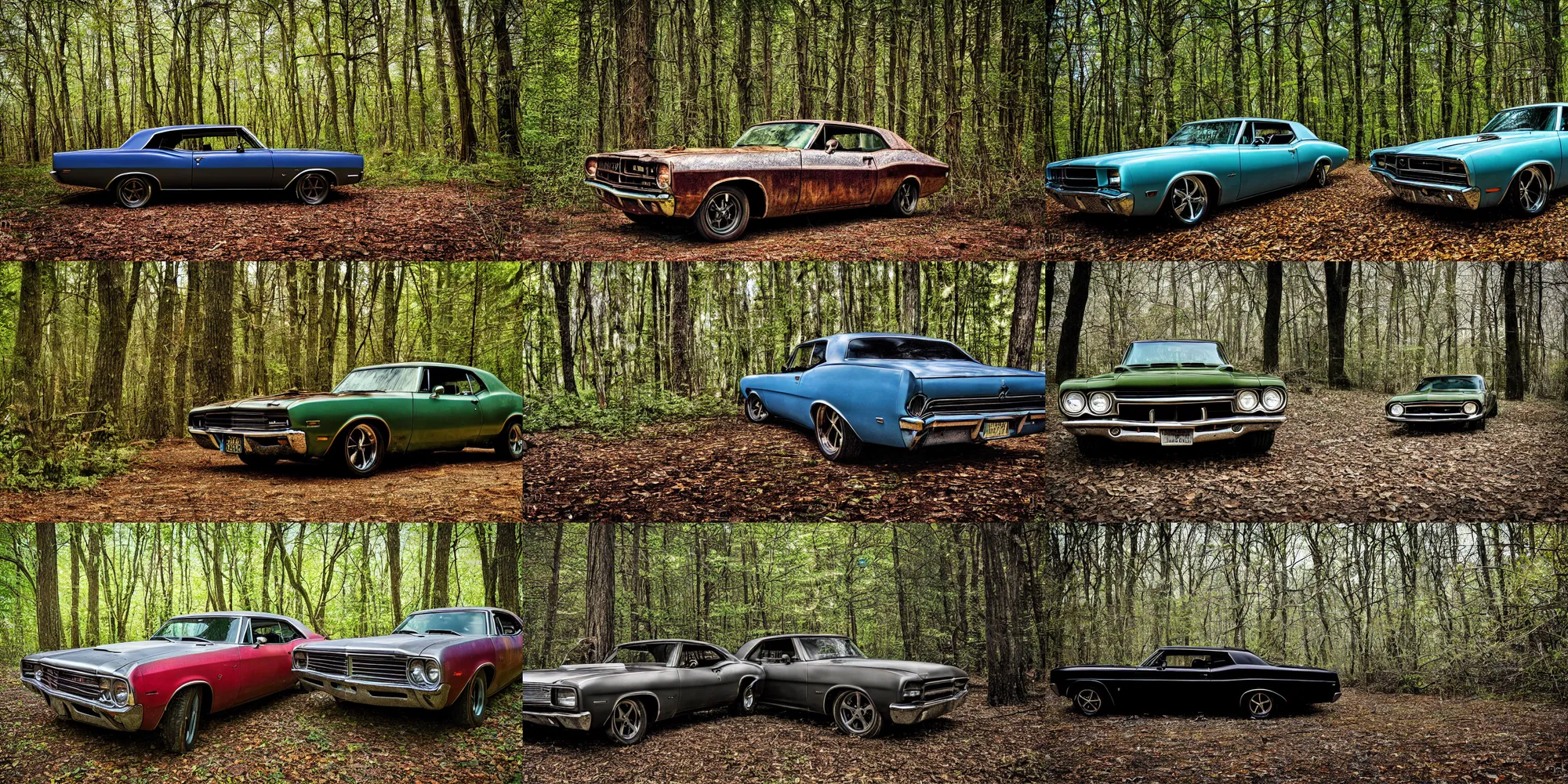 Prompt: photograph old muscle car in the woods