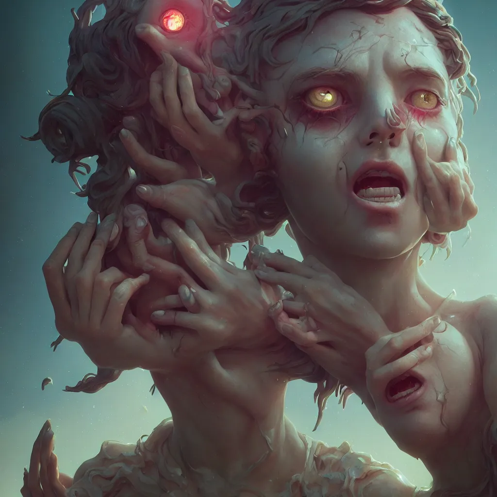 Image similar to beautiful very extreme closeup eye, weeping scream angels stone statues, woman body, unreal engine, greg rutkowski, loish, rhads, beeple, tom bagshaw, alphonse mucha, global illumination, detailed and intricate environment