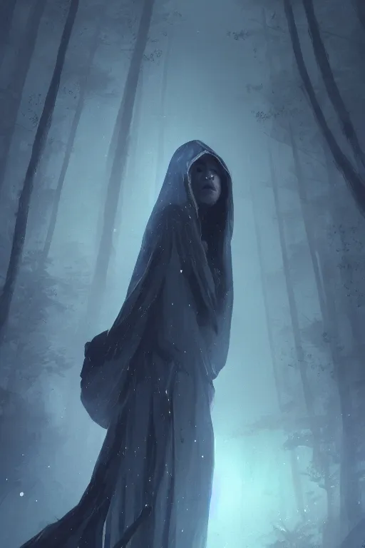Image similar to a full body portrait of a mysterious goddess with a very long hooded cloak made of stars and clouds walking through a forest,, by maciej kuciara and jason chan and makoto shinkai, ominous, cosmic horror, trending on artstation, ultra detailed, hyper realistic 4 k, volumetric light