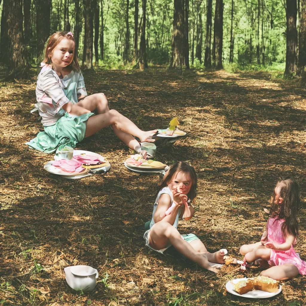 Image similar to a girl sitting in a forest, girl eating a piece of cake, sunny day, windy day