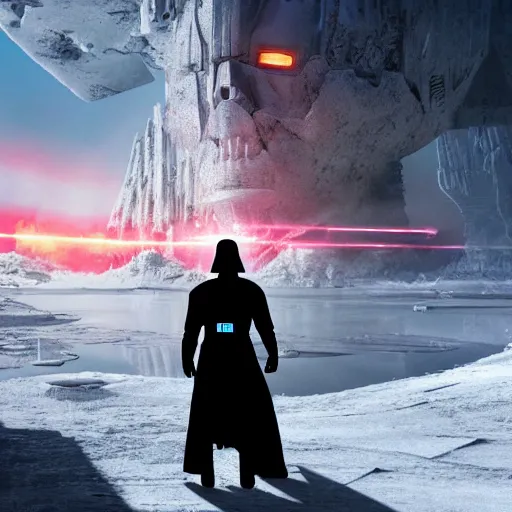 Prompt: darth vader's back in silhouette is in the foreground on the left, in the background on the right is is a superhero man who is made of ice, dangerous icy environment, cinematic, graphic novel, matte fantasy painting, extremely high detail, photo realistic, 4k, post processed, Artstation