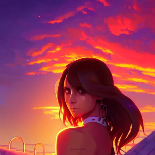 Image similar to nina dobrev, sunset background, intricate, highly detailed, digital painting, artstation, official media, anime key visual, concept art, rich vivid colors, ambient lighting, sharp focus, illustration, art by Artgerm, Makoto Shinkai, Ilya Kuvshinov, Lois Van Baarle, and Rossdraws