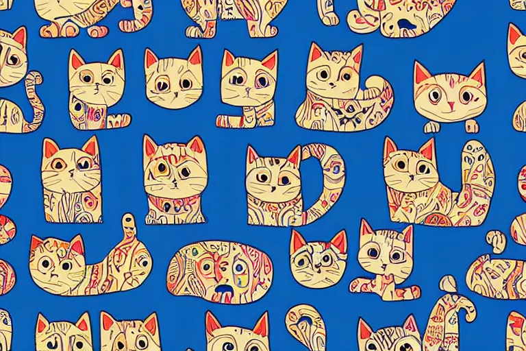 Prompt: beautiful art illustration of a group of happy cats by laurel burch, highly detailed, seamless pattern, tiling