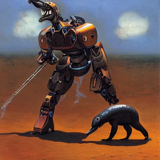 Image similar to platypus combat mecha eith razor talons in the style of vasily vereshchagin and evangelion