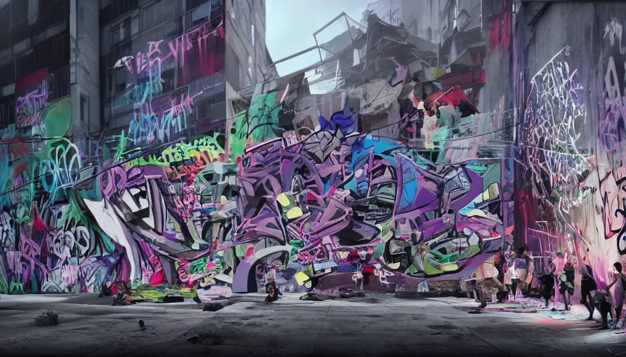 Image similar to urbanpunk - graffiti artists creating a mural on a building in a high - tech, futuristic inner city 0 f new york, urbanpunk youth, fashionable street clothing, spray cans, friends, blacklight graffiti street art, octane render, unreal 5, 8 k digital art, highly detailed, in the style of boondocks