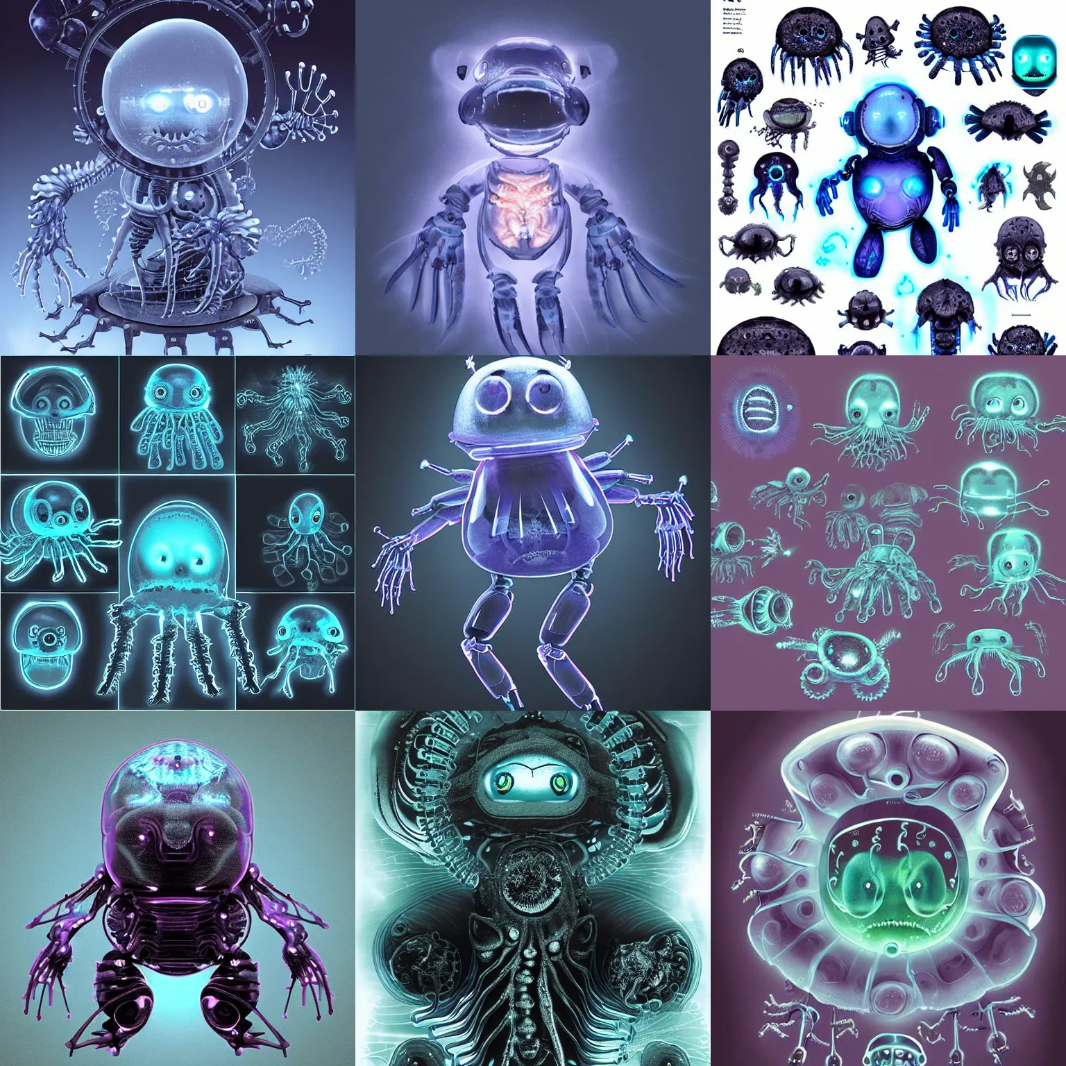 Prompt: cute! dark, cute baby robot jelly fish, ghost shrimp, biomechanical xray, deepsea, irobot, glowing from inside, gears, transistors, wrinkled, by Wayne Barlowe, Barreleye fish, translucent SSS, rimlight, dancing, fighting, bioluminescent screaming pictoplasma characterdesign toydesign toy monster creature, zbrush, octane, hardsurface modelling, artstation, cg society, by greg rutkowksi, by Eddie Mendoza, by Peter mohrbacher, by tooth wu, night, cyberpunk