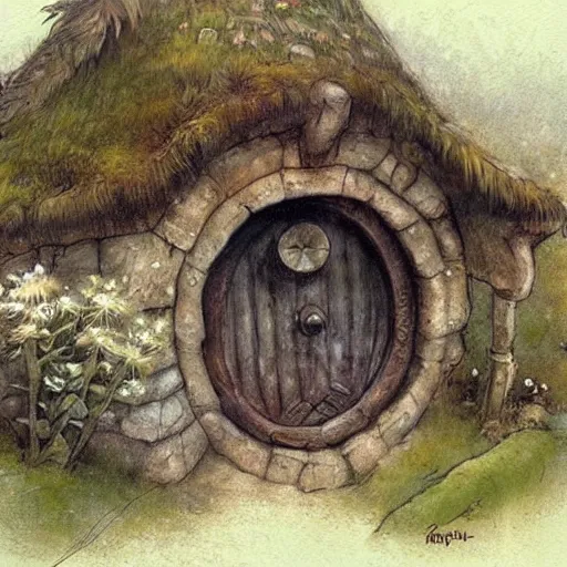 Image similar to hobbit house. muted colors. by Jean-Baptiste Monge style of Jean-Baptiste Monge painted by Jean-Baptiste Monge in art book of Jean-Baptiste Monge,