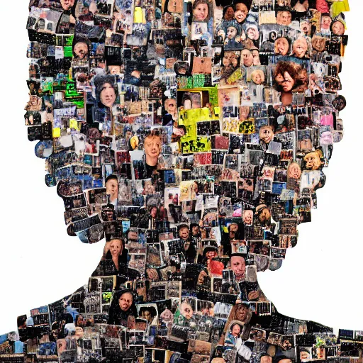 Image similar to a head-shaped chaotic collage made out of fragments of printed images taken from the internet, fashion magazines, and family photographs all coming together to form a hybrid face shape with twisted features in the Dadaesque style, mixed media