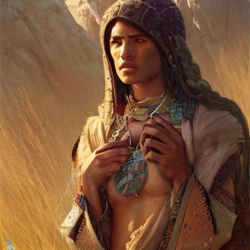 Prompt: extreme long shot of a sacred warrior isolated community living in an oasis in the middle of a large sand desert, digital painting, artstation, matte painting, highly detailed, art by artgerm and greg rutkowski and alphonse mucha, wlop, behance contest winner
