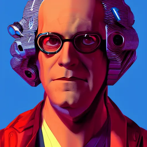 Image similar to cyberpunk benjamin franklin as the leader of a futuristic communist society, cybernetics, sharp lines, digital, artstation, colored in