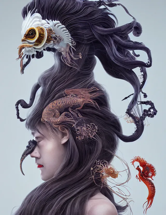 Image similar to 3 d goddess half - turn portrait with long hair with ram skull. beautiful intricately detailed japanese crow kitsune mask and clasical japanese kimono. betta fish, jellyfish phoenix, bio luminescent, plasma, ice, water, wind, creature, artwork by tooth wu and wlop and beeple and greg rutkowski