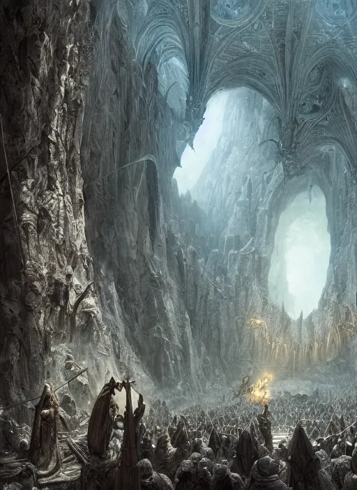 Prompt: medieval adventurers with one angry dragon in the lord of the rings scenery landscape, inside an enormous alien cathedral, portal to another dimension in the sky, highly detailed, cinematic lighting, perfect composition, 4 k, gustave dore, derek zabrocki, greg rutkowski, beksinski, octane render