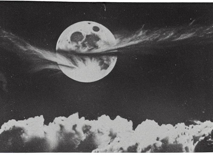 Image similar to vintage photo still of the moon!!!! exploding!!!! exploding moon moon explosion fragments on one side moon rupture moon exploding moon explosion over new york city in the 1 9 2 0 s, black and white, weathered, edge vignette, explosion in the sky, moon exploding